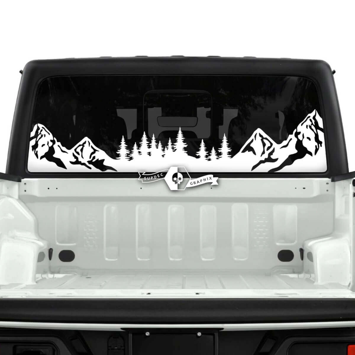 Jeep Gladiator achterruit bergen bos stickers stickers vinyl graphics streep
