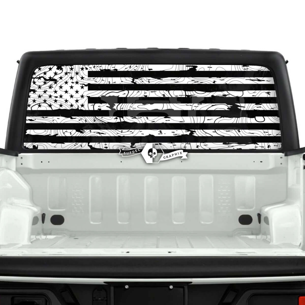 Jeep Gladiator achterruit vlag VS vernietigd topografische kaart Topo stickers stickers vinyl graphics streep
