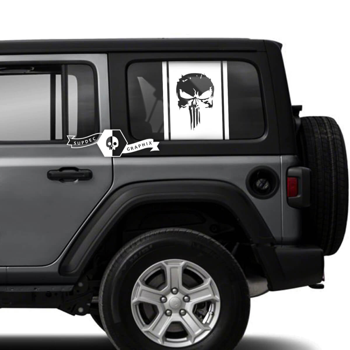 Paar Jeep Wrangler Unlimited zijdeurruit Punisher-stickers met vinyl grafische streep
