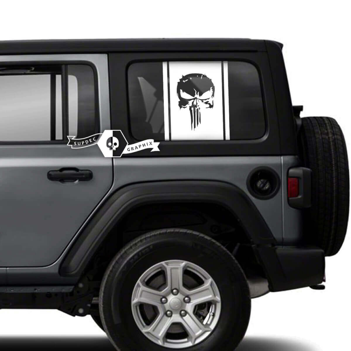 Paar Jeep Wrangler Unlimited zijdeur raam Punisher stickers stickers trim vinyl graphics streep
