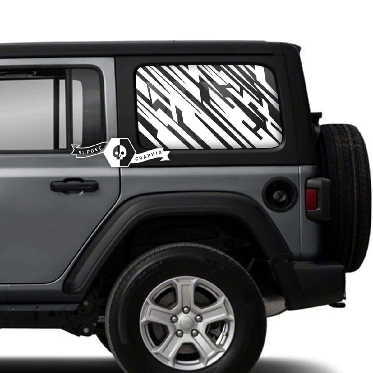 Paar Jeep Wrangler Unlimited zijdeurruit modder vinyl grafische strepen
