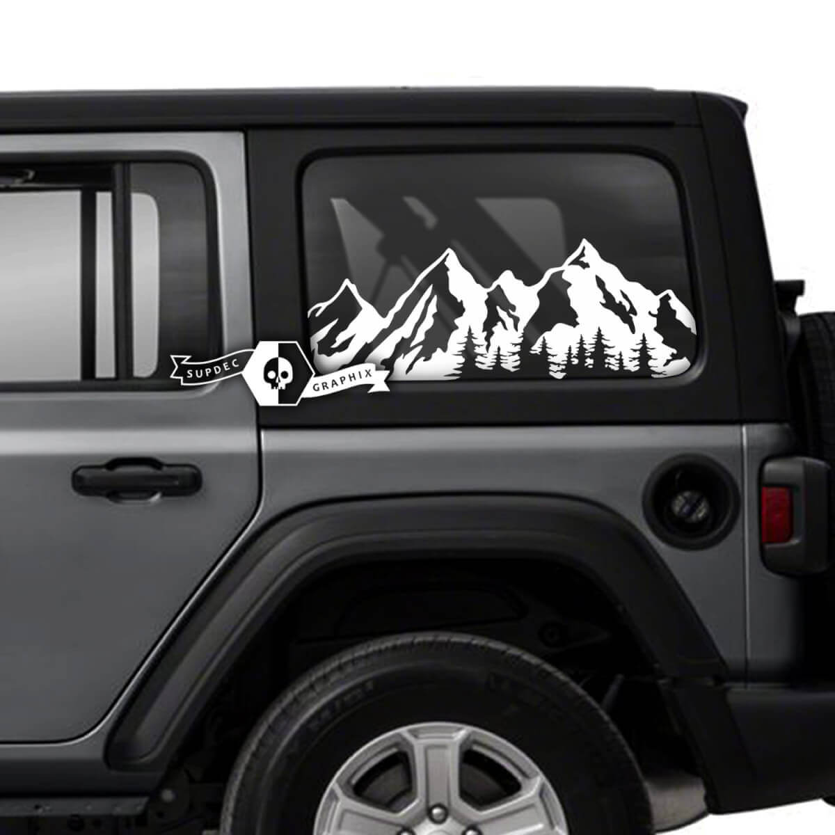 Paar Jeep Wrangler Unlimited zijdeurruit Bergen Forest Stickers Decals Trim Vinyl Graphics

