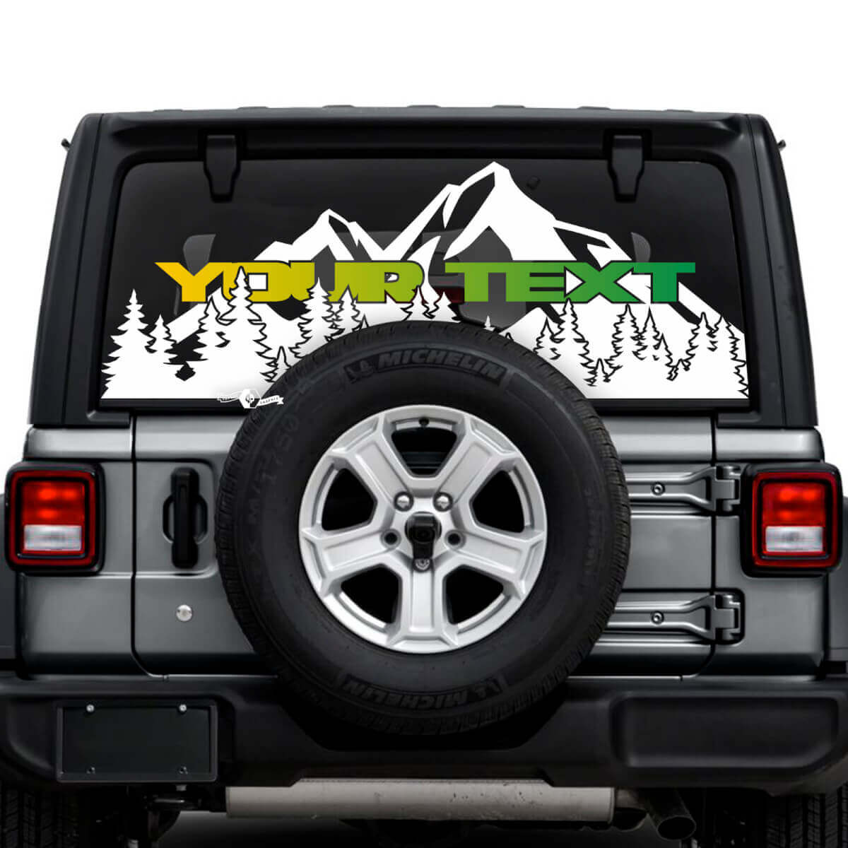 Jeep Wrangler Unlimited achterruit bergen bos stickers stickers vinyl graphics
