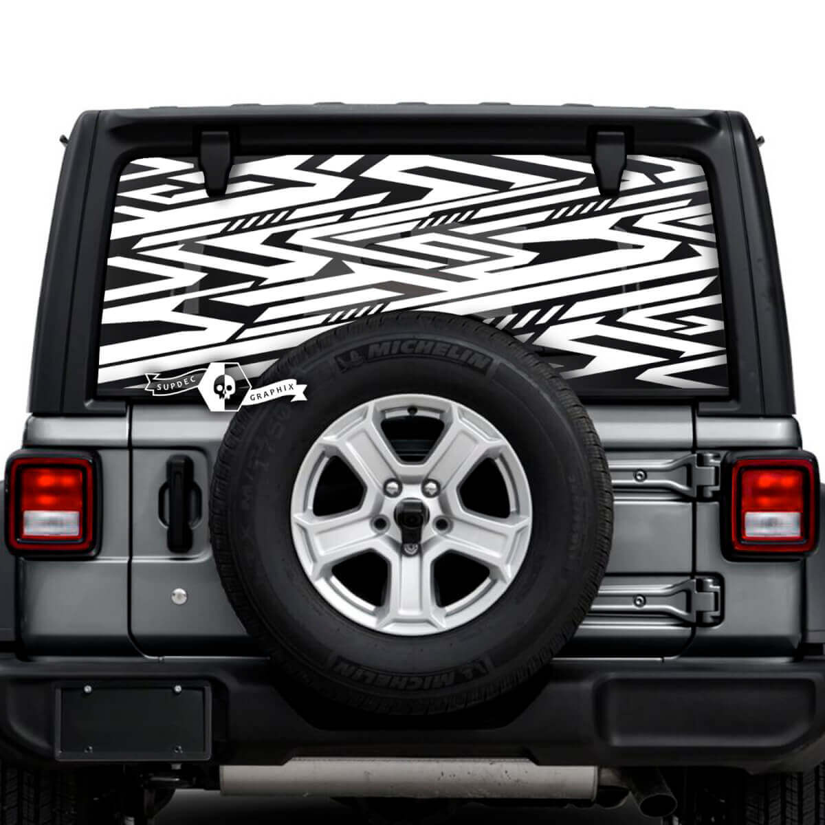 Jeep Wrangler Unlimited achterruit geometrie lijn logo stickers stickers vinyl graphics
