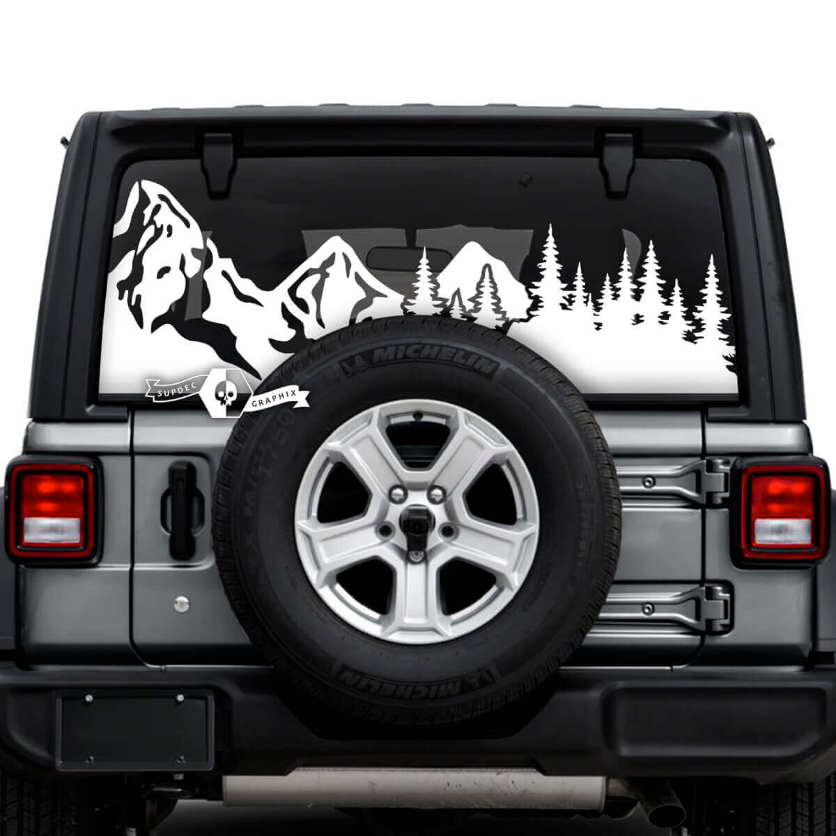 Jeep Wrangler Unlimited Achterruit Mud Splash Mountains Forest Tire Track Stickers Decals Vinyl Graphics
