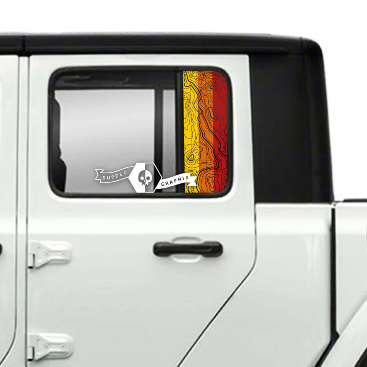 Paar Jeep Gladiator deuren venster topografische kaart stickers stickers vintage klassieke kleuren vinyl graphics verloop

