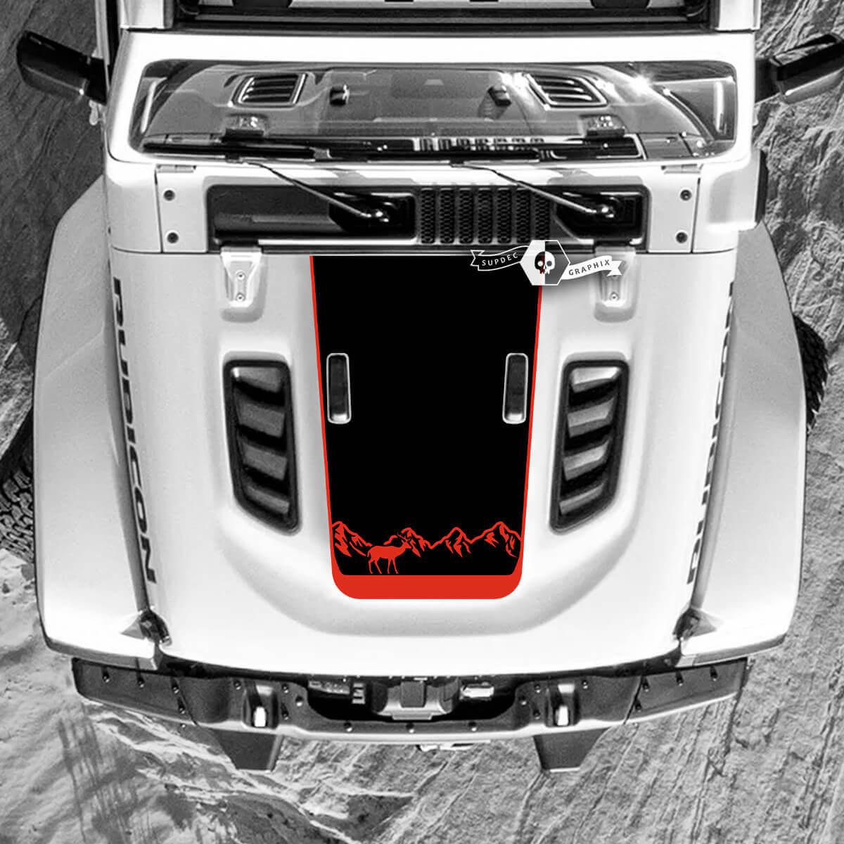 Jeep Wrangler Hood Mountains Forest Herten Vinyl Decal Stickers 2 kleuren
