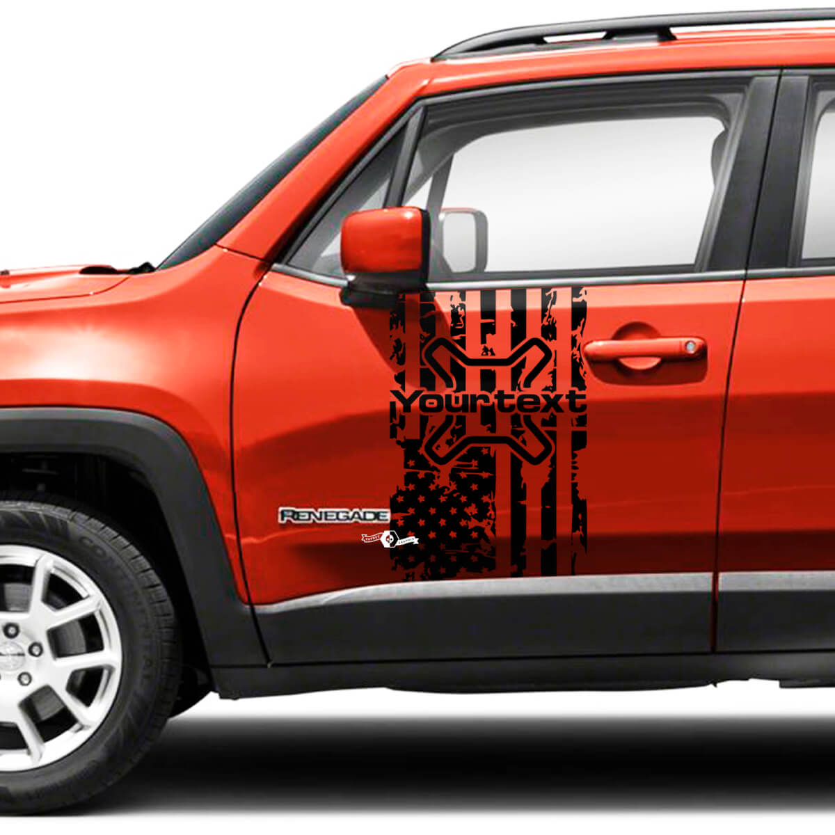 Aangepaste tekstvlag VS Vernietigde zijddeuren grafische vinylstickers set voor Jeep Renegade