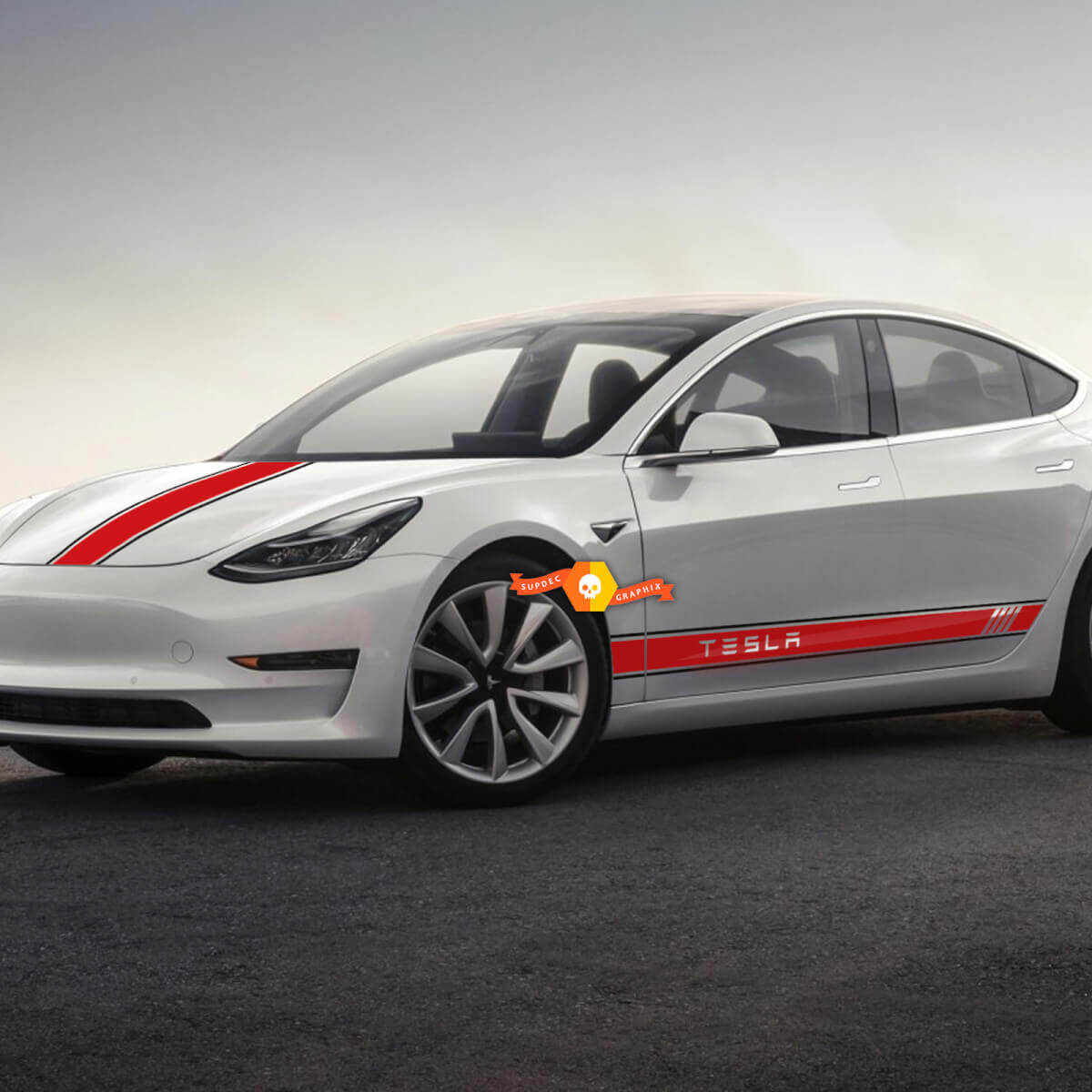 Racingstijl zij- en motorkapstrepen vinyl decalset voor Tesla