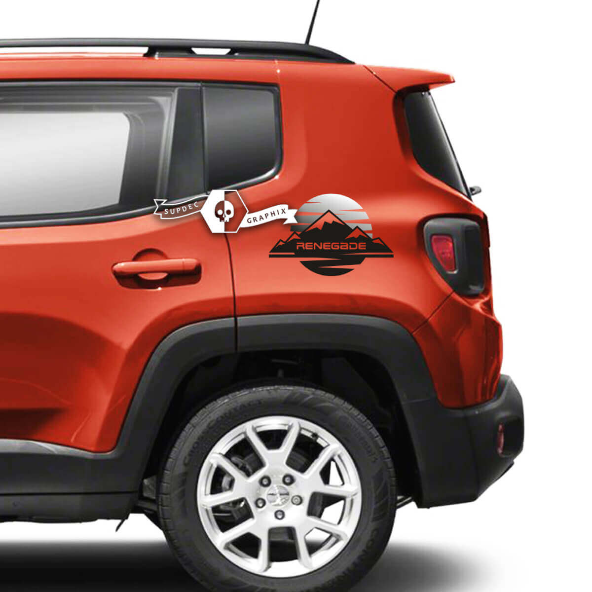 Paar Jeep Renegade Fender Mountain Side Logo Sunset Retro Old School Grafisch Vinyl Decal Sticker Mono Gradiënt
