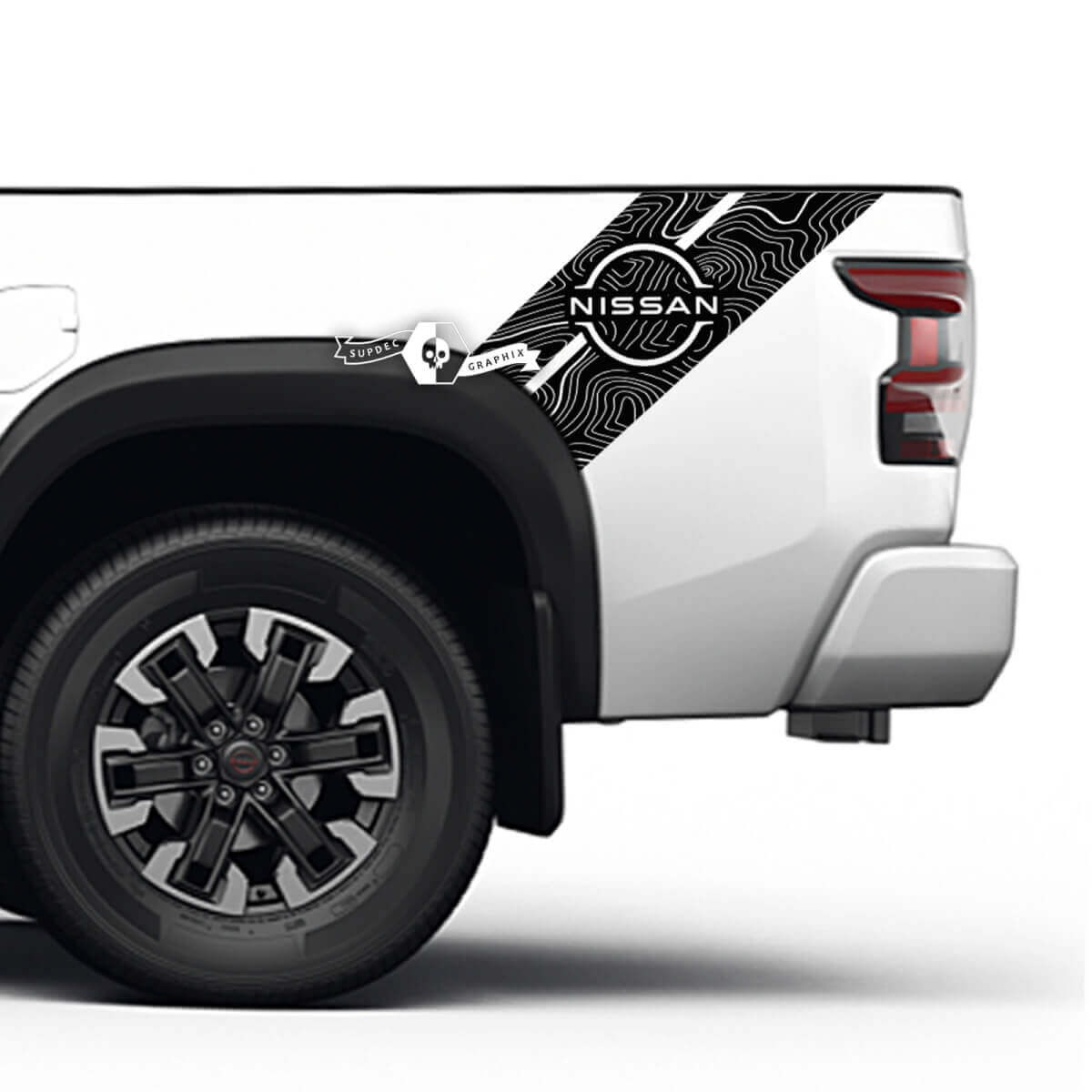 2 Nissan stickerbed spatbord pick-up zijkant topografische kaart Nissan Frontier Stripe vinylstickersset
