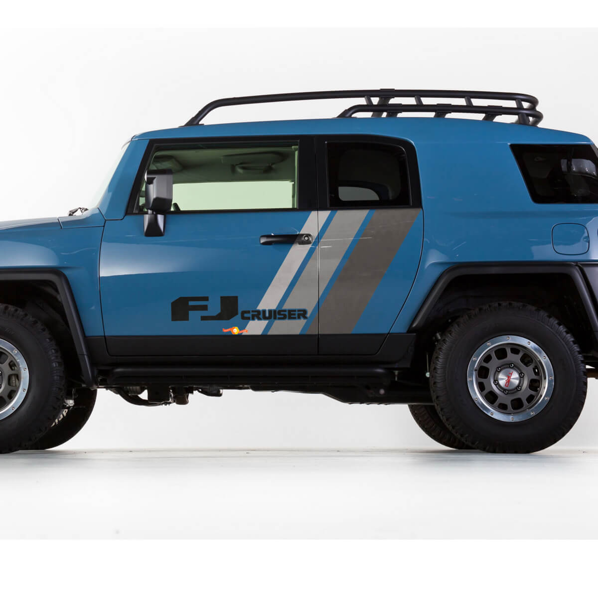 Toyota FJ Cruiser zijdeur drie strepen tinten grijs vinyl sticker met logo
