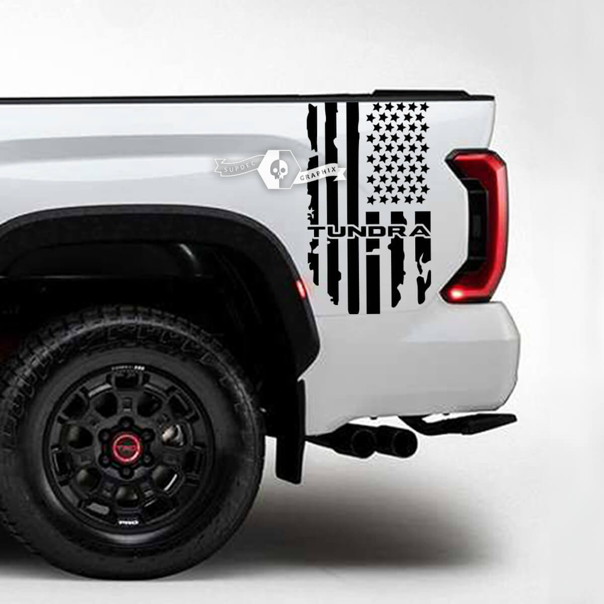 Paar Toyota Tundra Bed zijkant achterspatbord vernietigd Grange USA vlag Logo strepen Vinyl Stickers sticker
