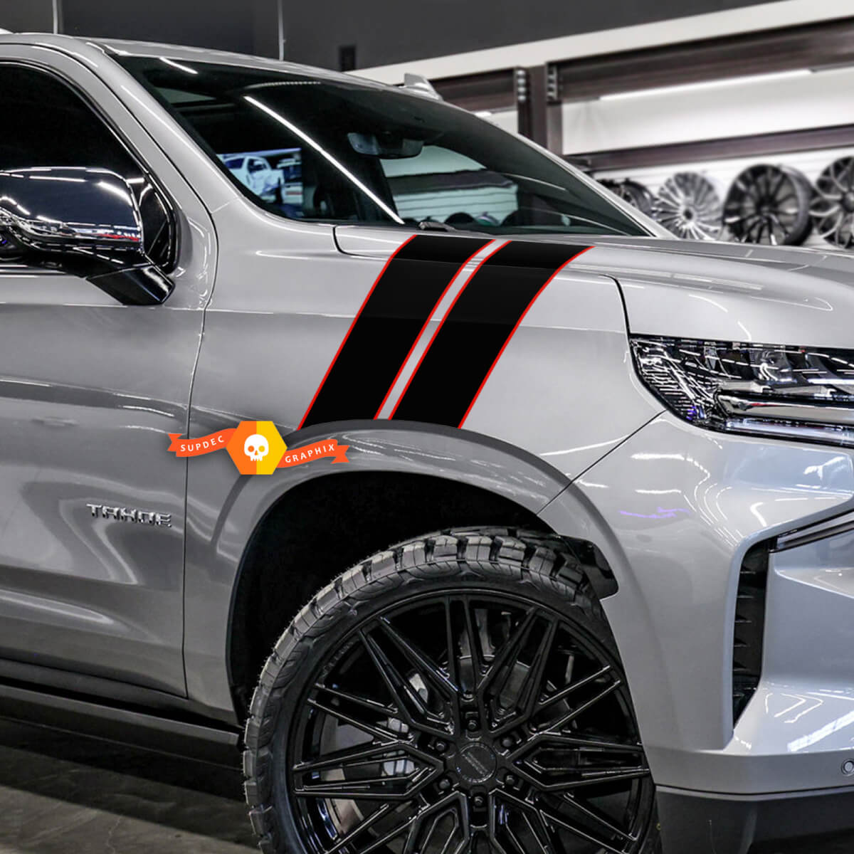 Paar voorspatbordstrepen voor Chevrolet Tahoe Racing vinyl sticker sticker graphics 2 kleuren
