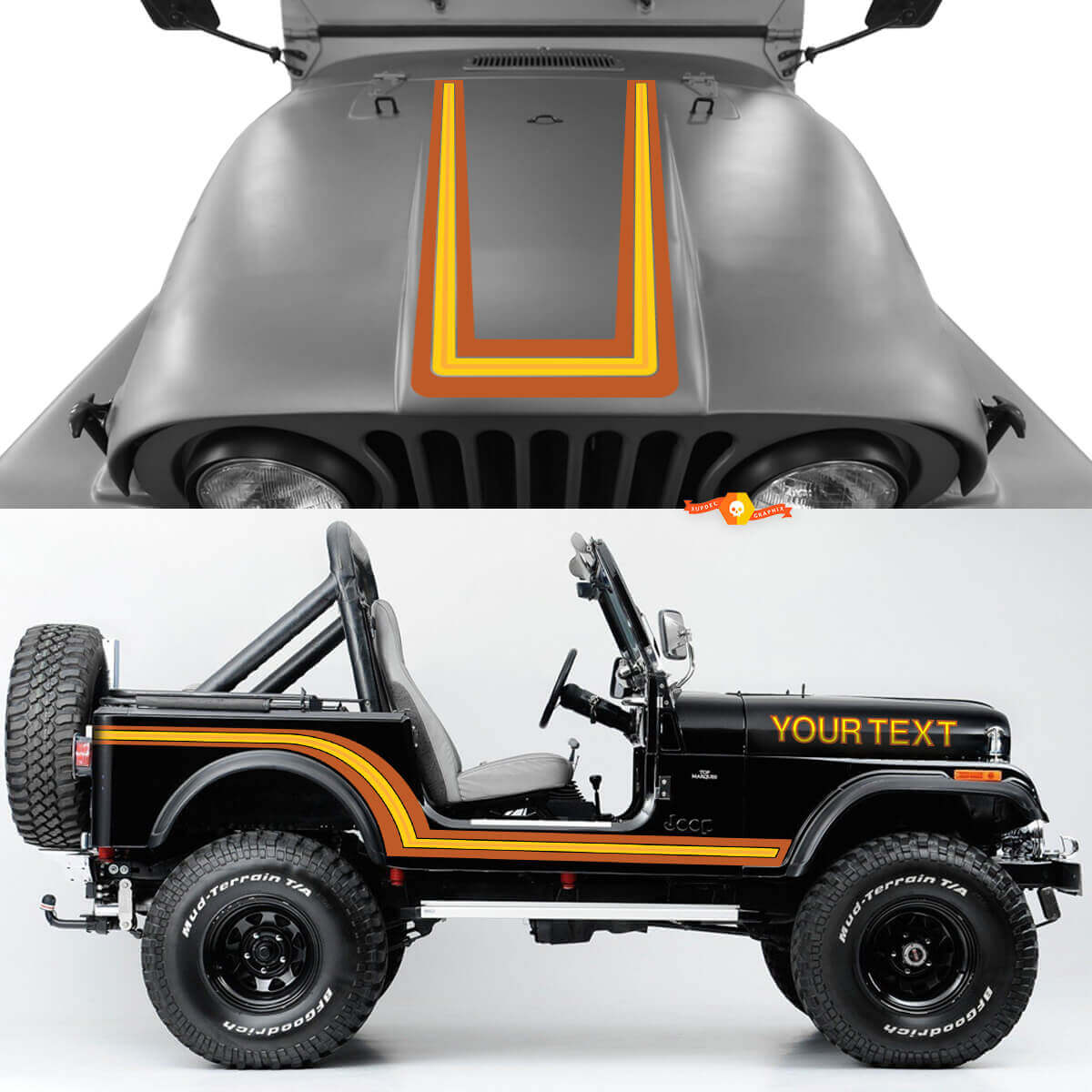 Vinyl decalset met vintage stijl motorkap- en zijstrepen voor Jeep CJ7 1984-1986