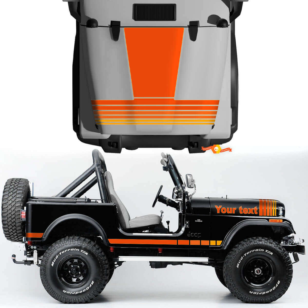 Vintage motorkap- en zijstrepen vinyl decalset voor Jeep Renegade CJ7