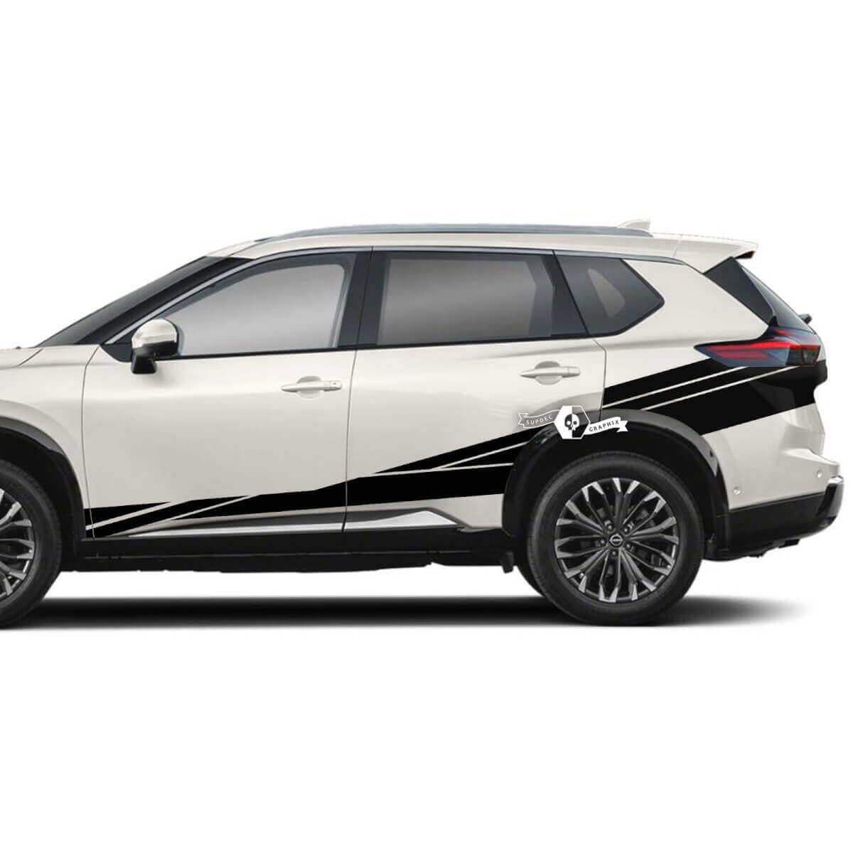 Paar Nissan Rogue zijdeur rockerpaneel achterspatbord strepen sticker sticker vinyl afbeelding
