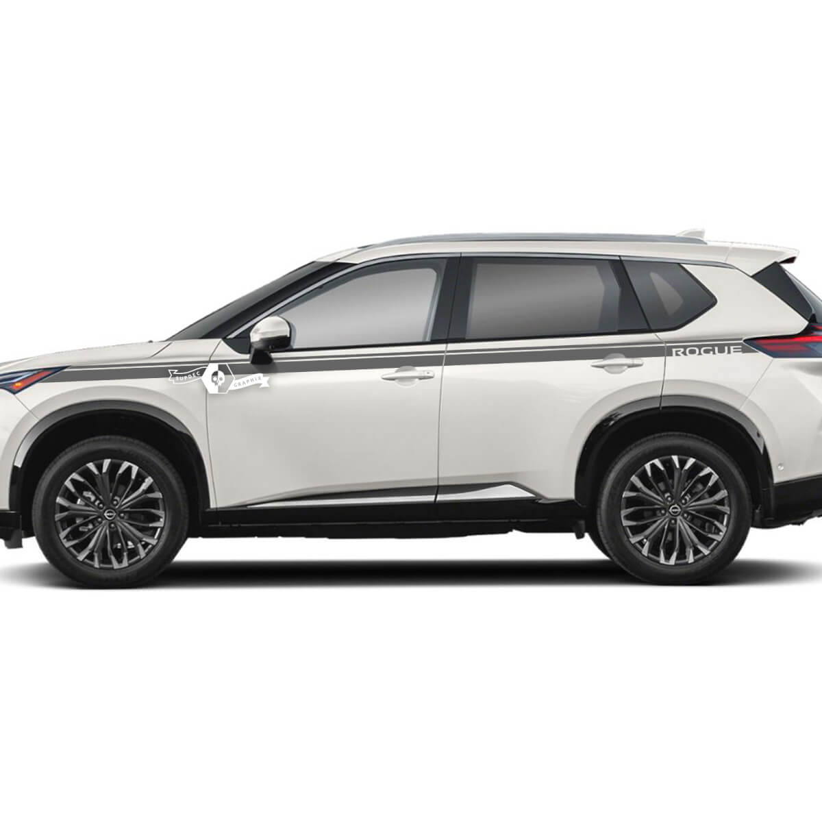 Paar Nissan Rogue voorspatbord zijkant naar boven deur achterspatbordbekleding logo strepen sticker sticker vinyl afbeelding
