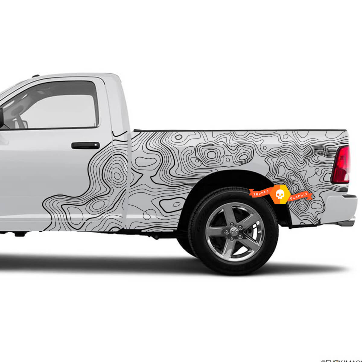 Paar Dodge Ram Tradesman 1500 4x4 Crew Cab topografische kaart Topo bed zijdeuren vrachtwagen vinyl sticker sticker afbeelding
