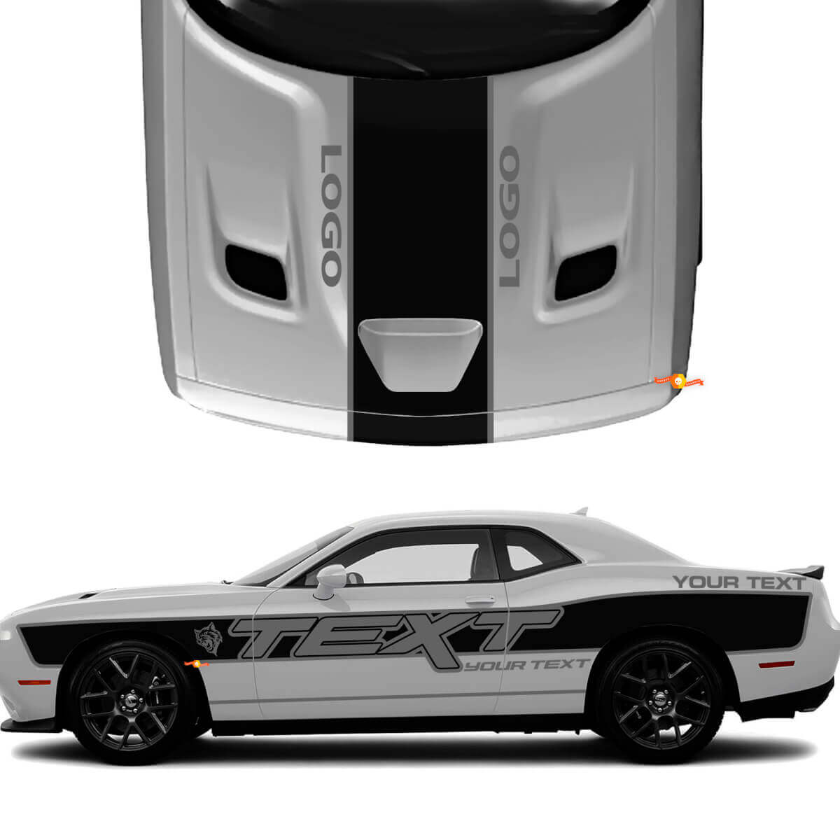 Aangepaste tekst met zij- en motorkapstrepen vinyl decal kit voor Dodge Challenger