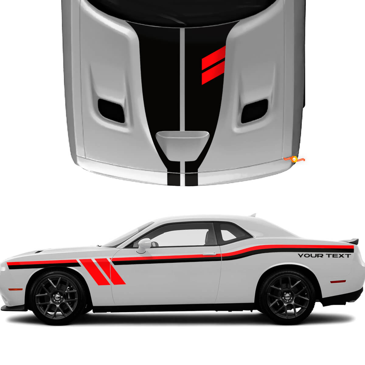 Dubbele zij- en motorkapstrepen met vinylstickers met aangepaste tekst voor Dodge Challenger
