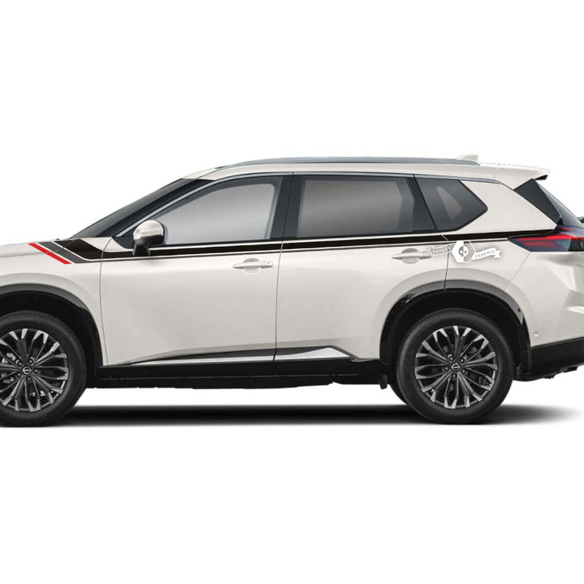 Paar Nissan Rogue zijdeur rockerpaneel achterspatbord strepen sticker sticker vinyl grafisch 3 kleuren
