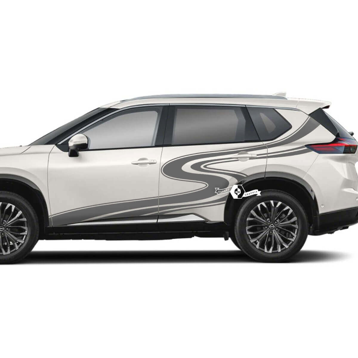 Paar Nissan Rogue zijdeur achterspatbord strepen kronkelende weg sticker sticker vinyl afbeelding
