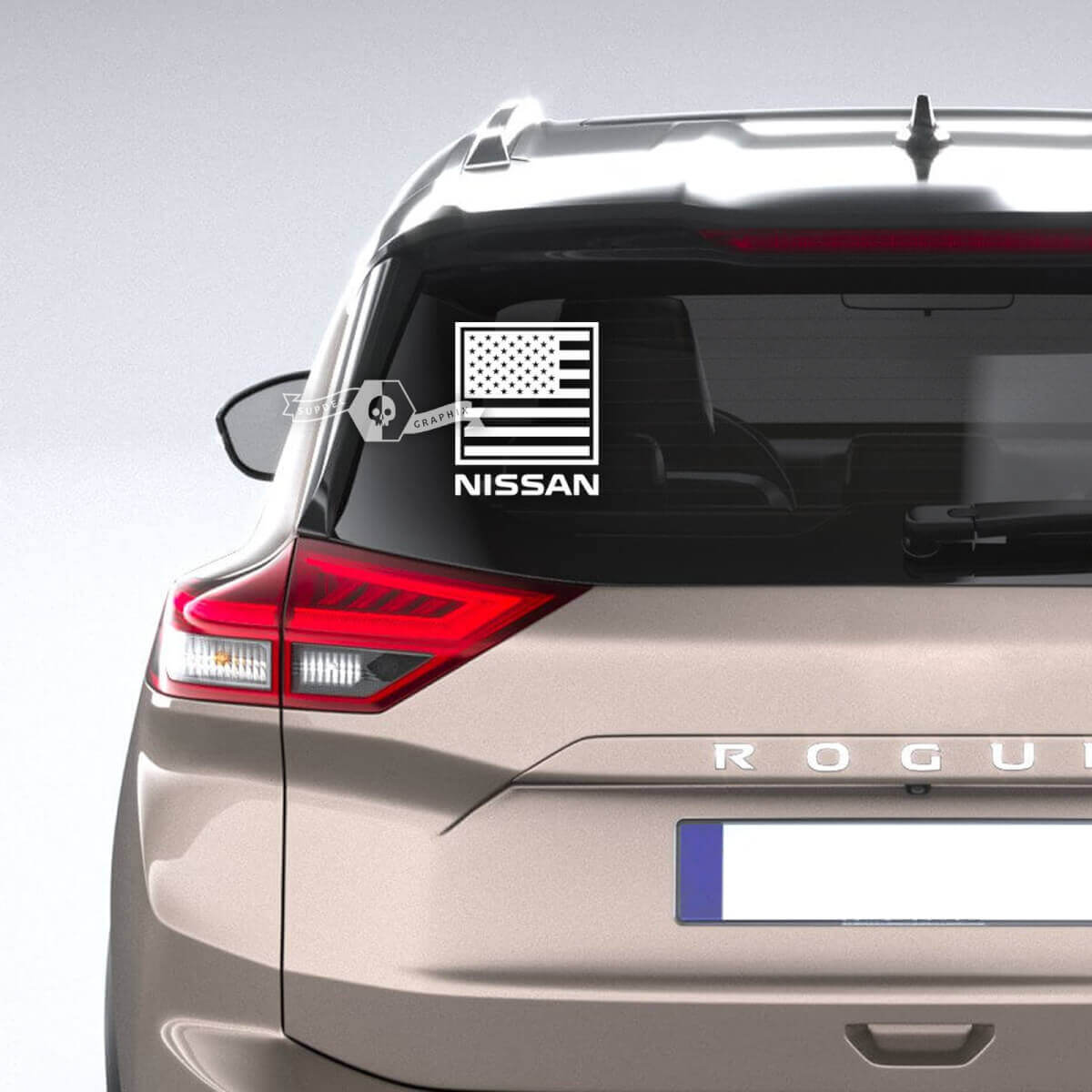 Nissan US USA Amerikaanse vlag patriottische achterruit vinyl sticker sticker afbeelding
