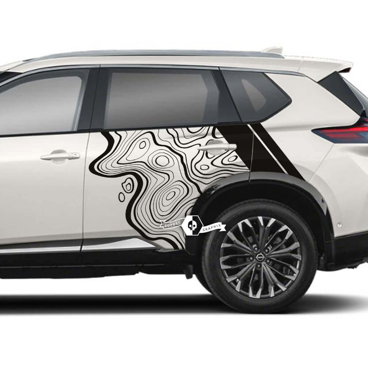 Nissan Rogue topografische kaart met strepen zijdeuren vinyl sticker sticker afbeelding
