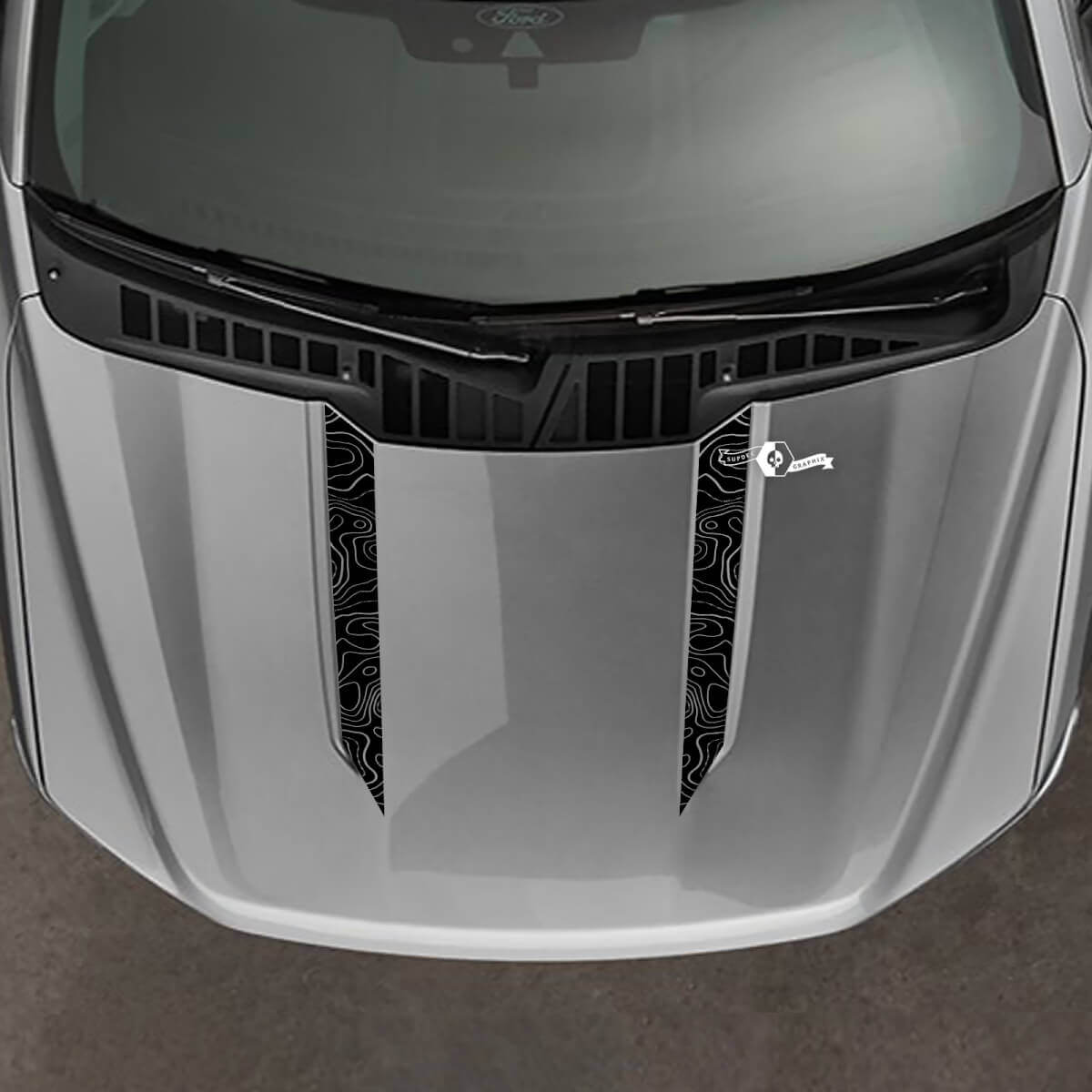 Ford F150 F-150 2021-2024 Wide Hood Spear Stripes Topografische kaartontwerp Vinylstickers en grafische stickers
