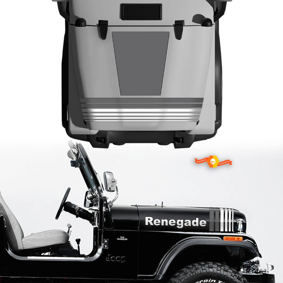 Kit van Hood Fender Jeep Renegade CJ7 Vinyl Stickers Decals Grafische lijnen Grijze stijl Kies kleuren

