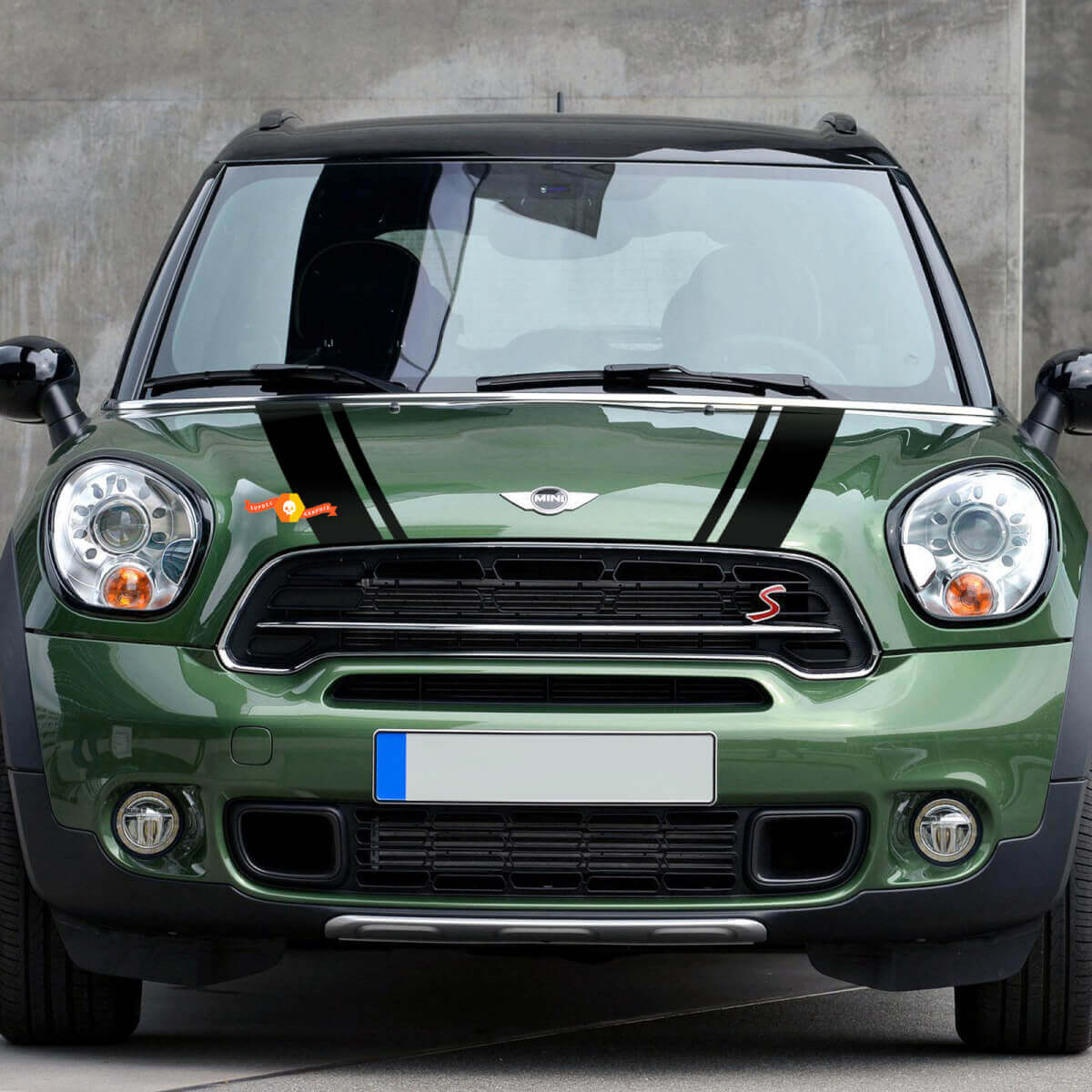 Mini Cooper Countryman JCW motorkap, motorkap en strepen achteraan, grafische sticker
