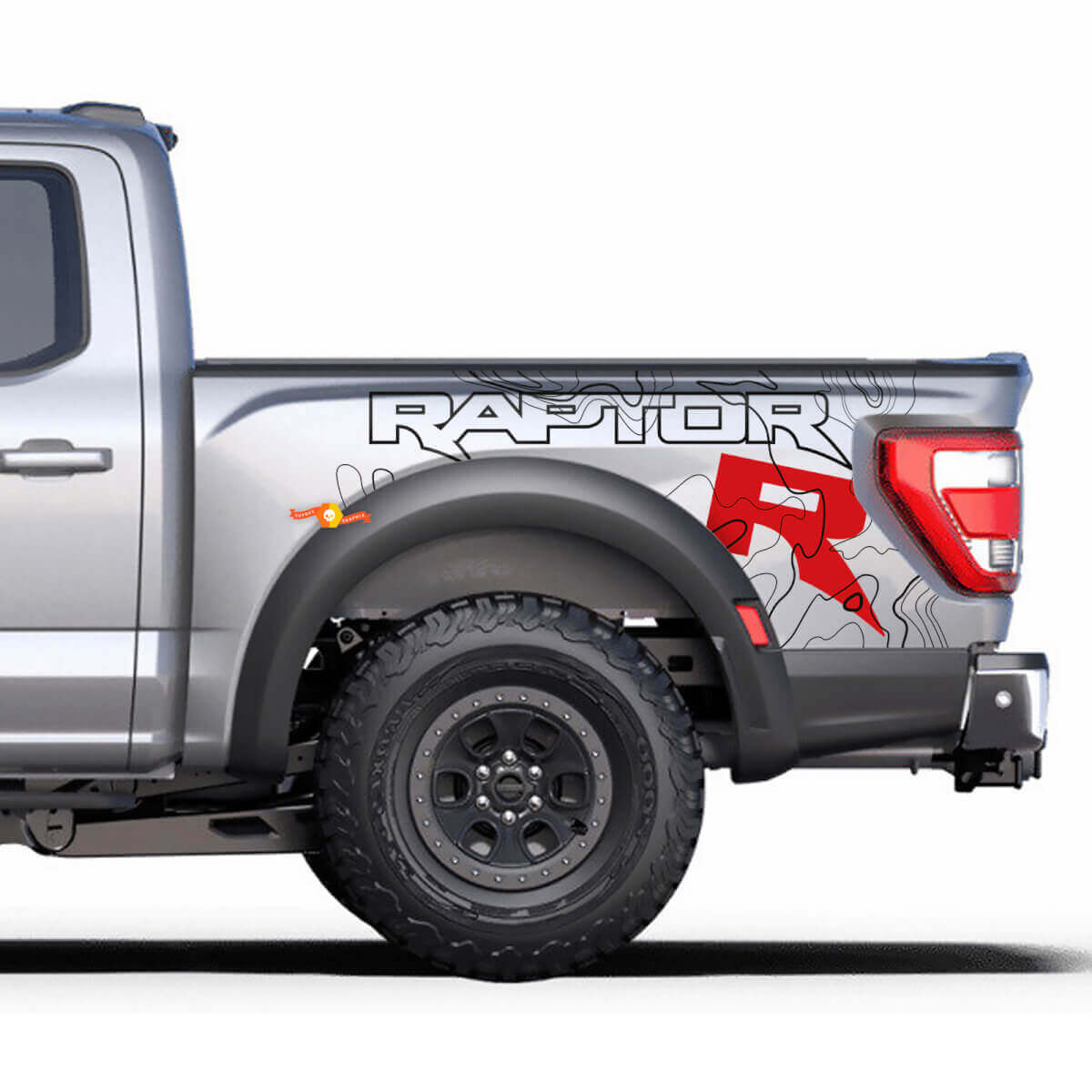 Grafische afbeeldingen aan de zijkant van het bed passen op de strepen van de Ford F150 Raptor R vinylstickerstickerset
