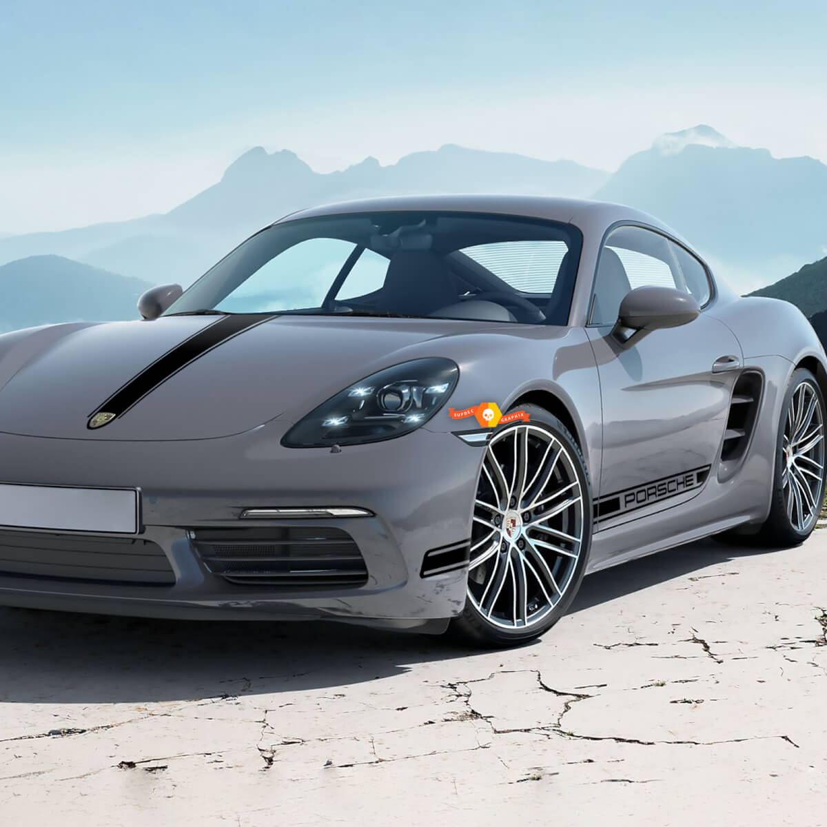 Grafische strepen op de motorkap en zijkant passend bij de Porsche 718 Cayman stickersticker
