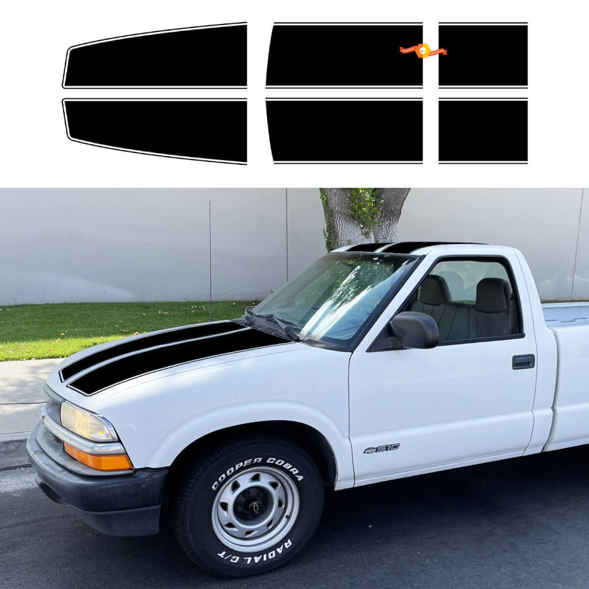 Dubbele motorkap-, dak- en achterklepstrepen vinyl decalset voor Chevrolet S10 Regular Cab 1994-04