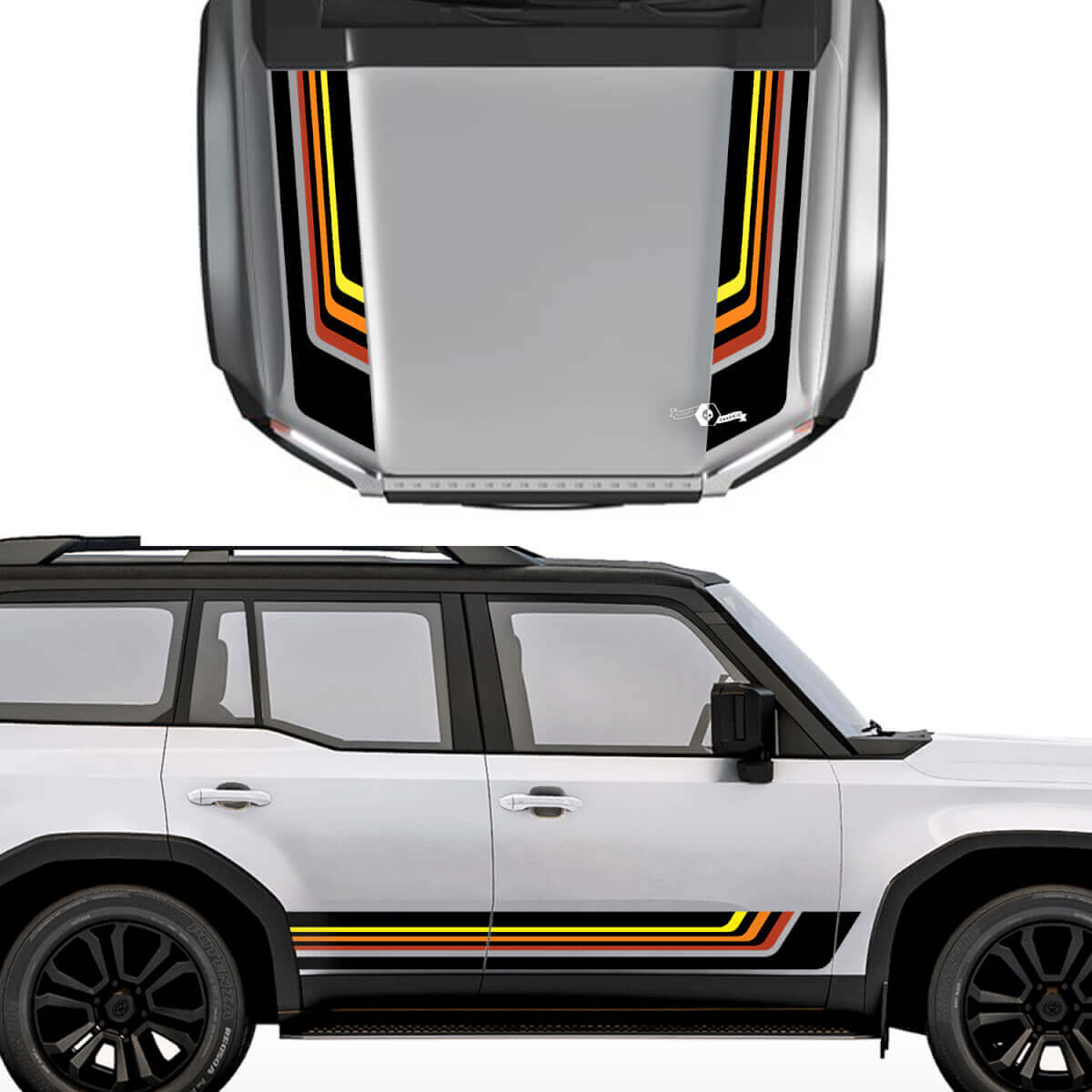 Retro motorkap- en zijstrepen vinyl decalset voor Toyota Land Cruiser 2024