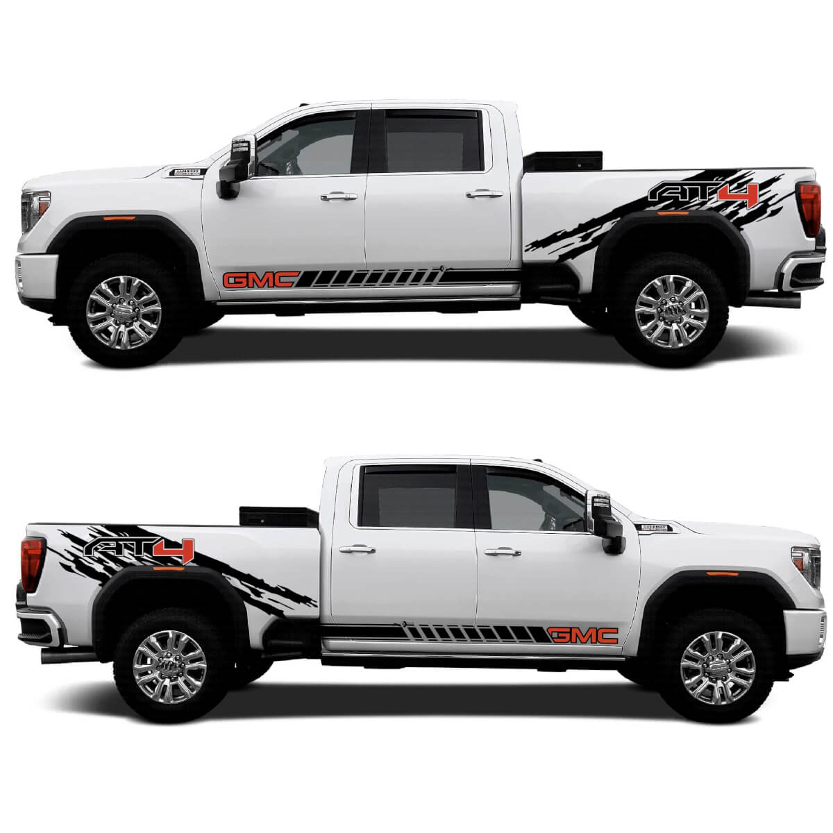 2024 GMC 2500HD AT4-stickerset - grafische afbeeldingen op de doos en vinylstickers op het onderste rockerpaneel
