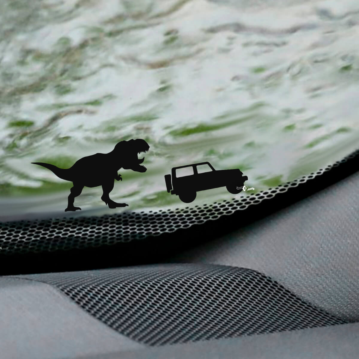T-Rex Jeep Wrangler voorruit Easter Egg hoeksticker - aangepaste vinylafbeelding
