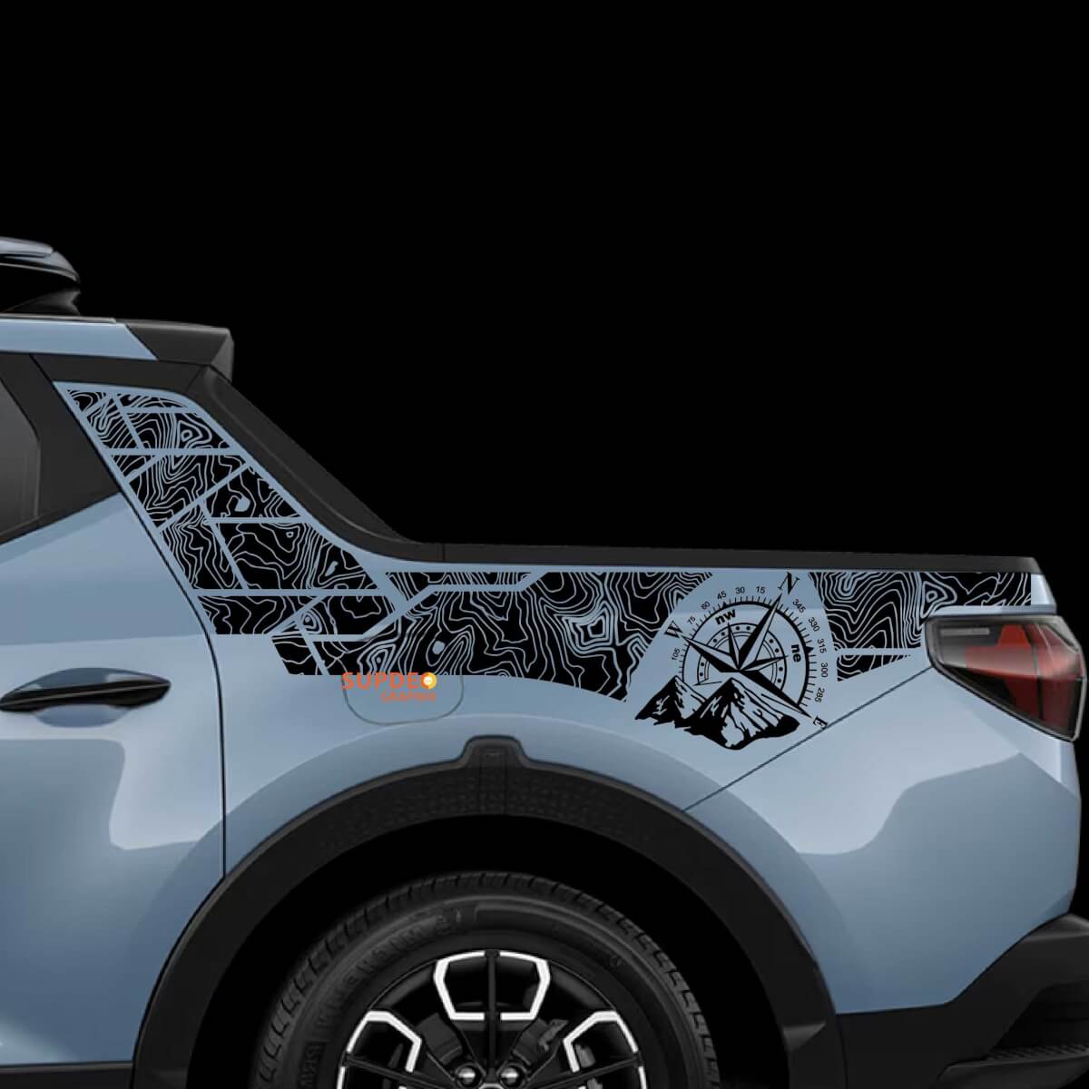 2x Hyundai Santa Cruz topografische kaarteditie nachtzijde achterstijl vinylstickers sticker
