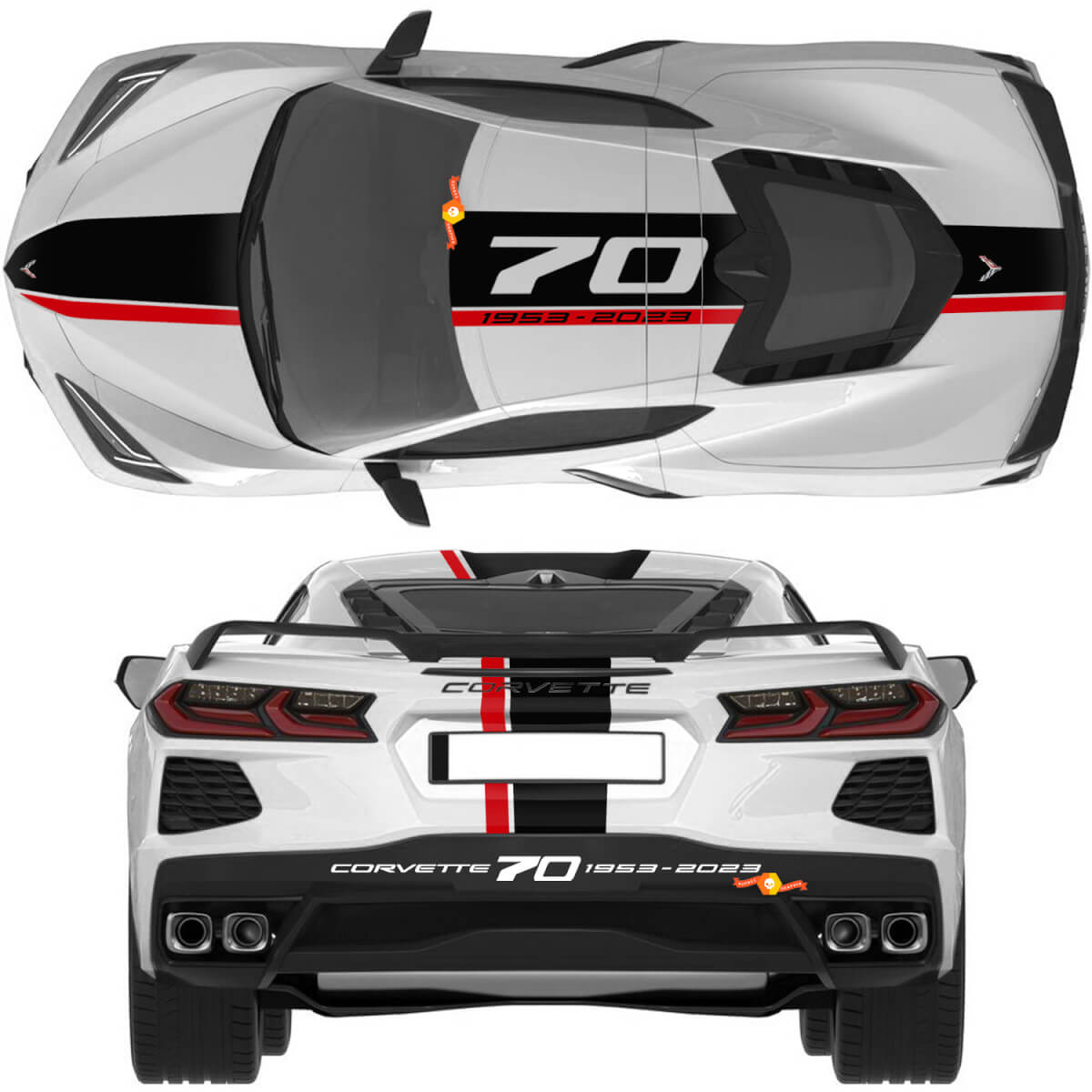 Chevrolet Corvette C8 Stingray Eray Z06-modellen Motorkapdak Achterstrepen Corvette dubbele sticker met volledige lengte Strepen
