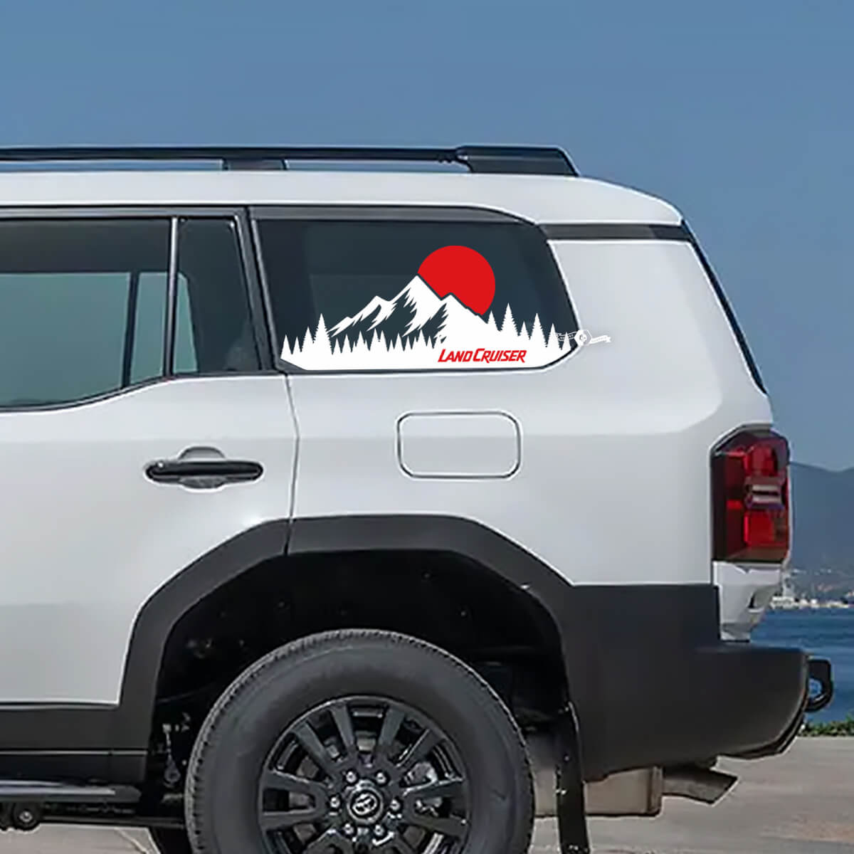 Toyota Land Cruiser topografische venster kant berg zonsondergang stickers vinyl stickers afbeelding

