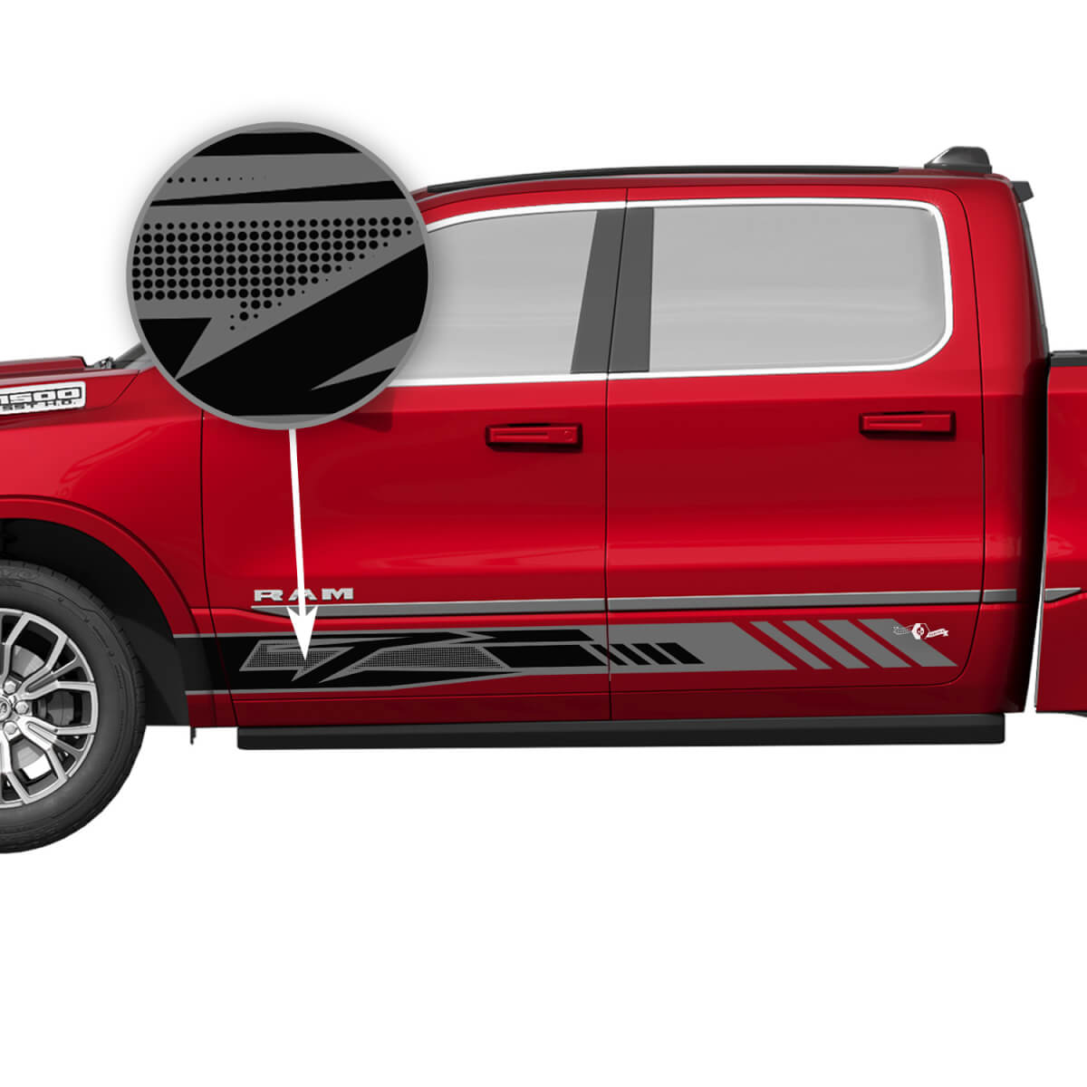 Geometrische geperforeerde strepen zijkant vinyl decal kit voor Dodge Ram 1500 Tungsten