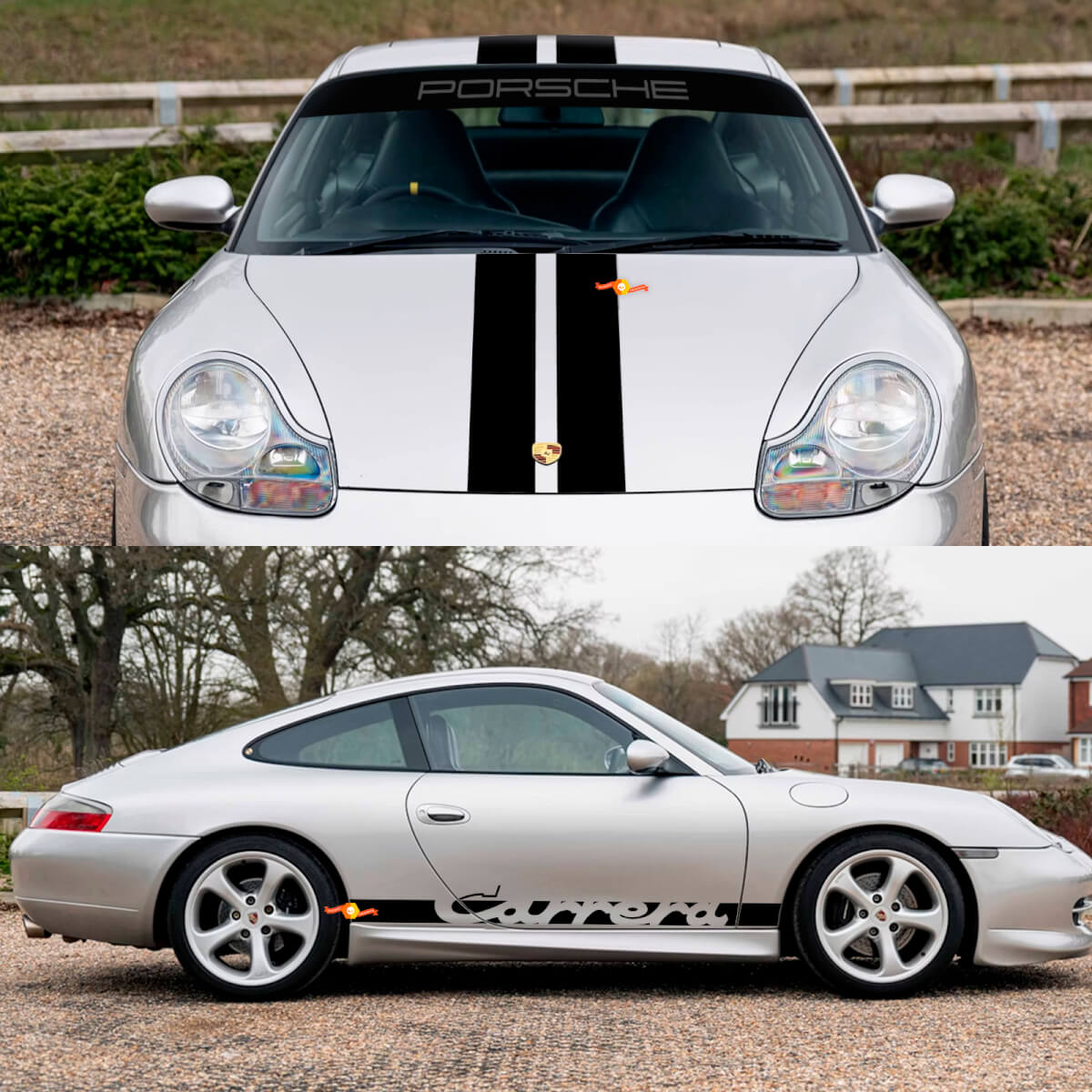 Porsche 911 Carrera Dual Central Stripes Retro Hood Side Side Ruit Shield Decal Sticker Kit
