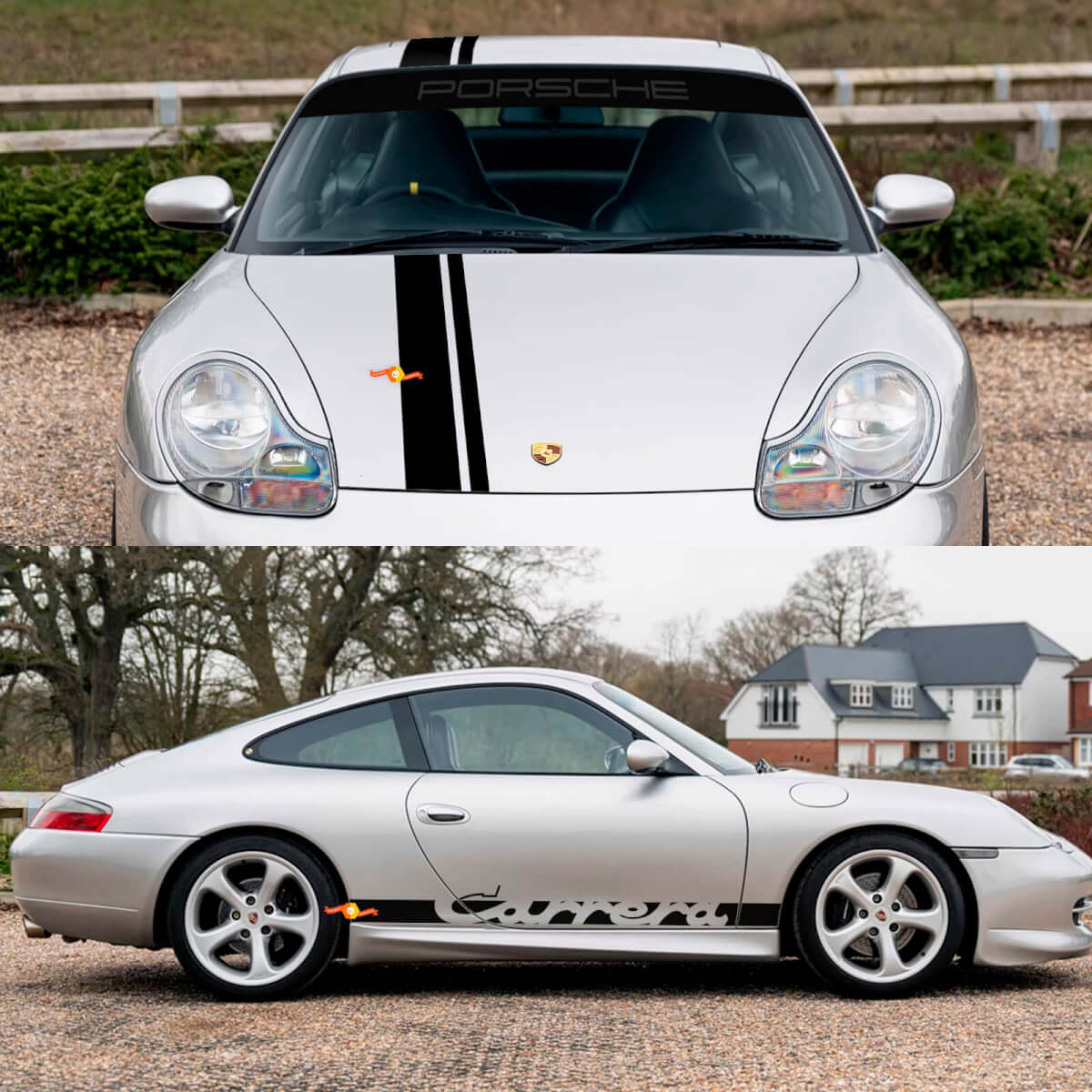 Porsche 911 Carrera Dual Central Stripes Retro Hood Side Side Ruit Shield Decal Sticker Kit
