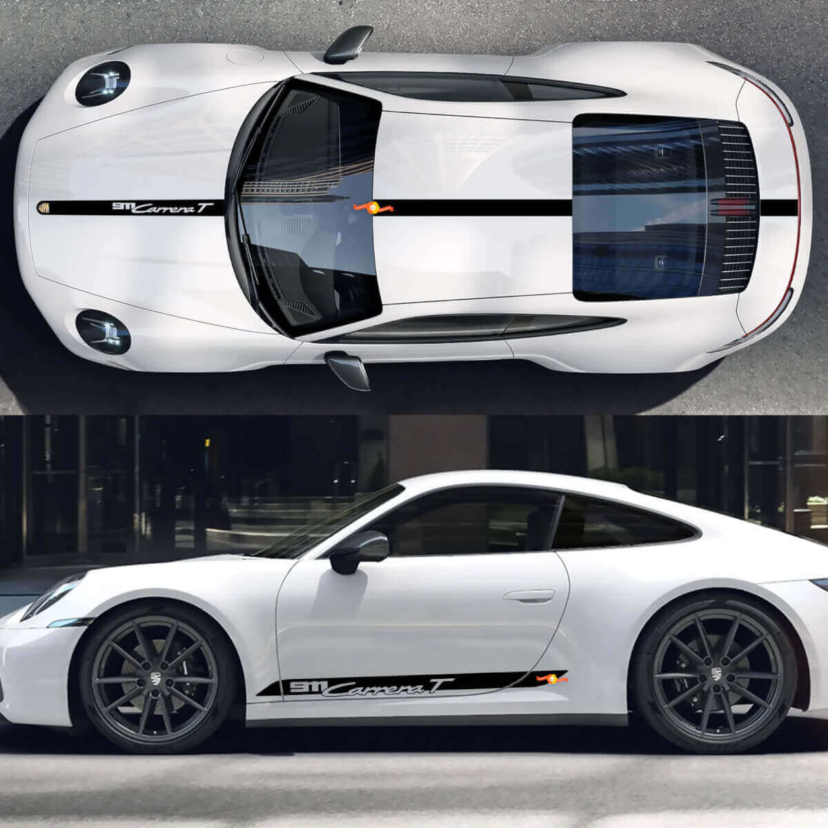 Lettering Strepen Motorkap Dak en Zijdezijn Vinyl Decal Kit Porsche 911 Carrera