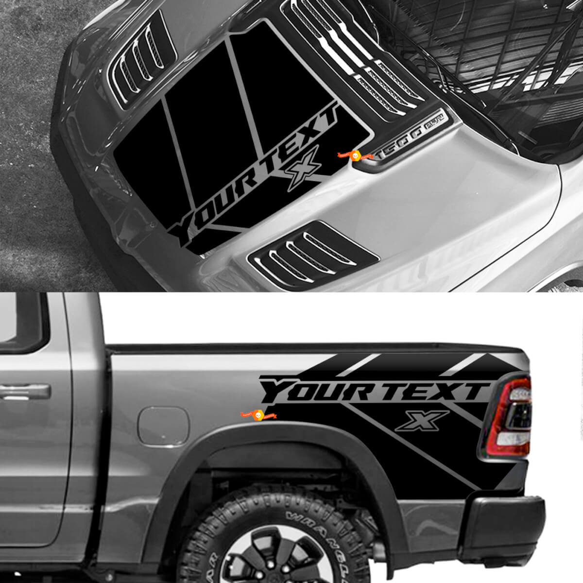 Aangepaste vinyl decal kit voor motorkap en achterzijstrepen voor Dodge Ram 1500 Rebel