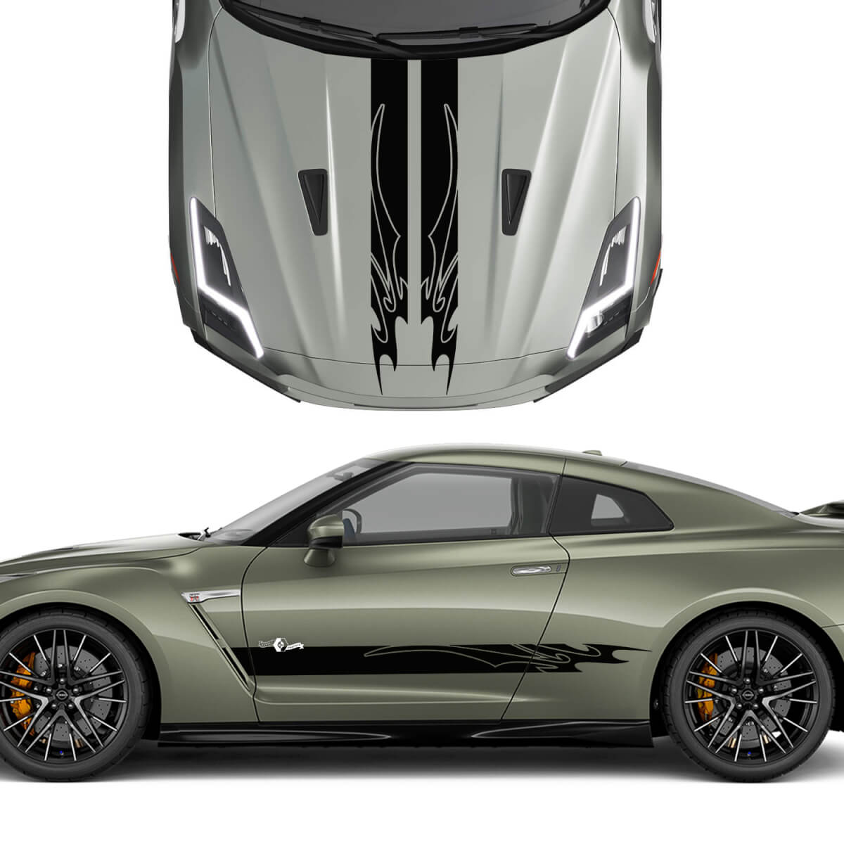 Kap en zijkanten dubbele tribale grafische strepen Decal kit voor Nissan GT-R
