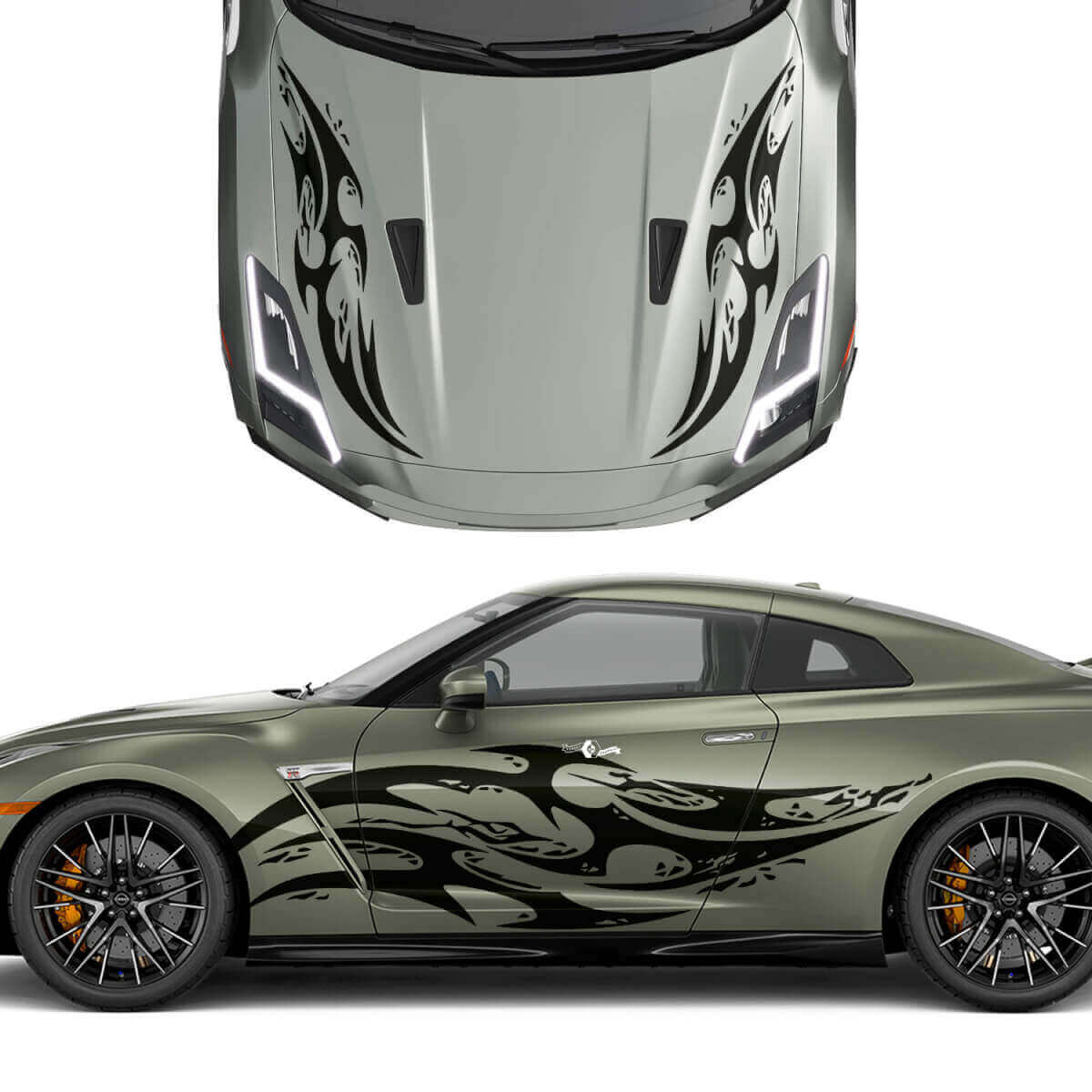 Kap en zijkanten dubbele tribale tattoo grafische strepen sticker kit voor nissan gt-r
