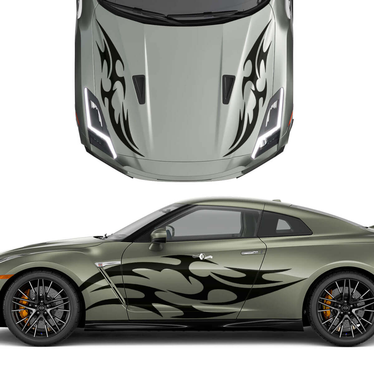 Kap en zijkanten dubbele tribale tattoo grafische strepen sticker kit voor nissan gt-r
