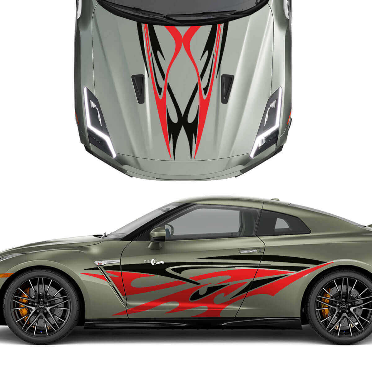 Hood en Zijkanten Dubbele Tribal Tatoeage Grafische Strepen Decal Set 3 voor Nissan GT-R